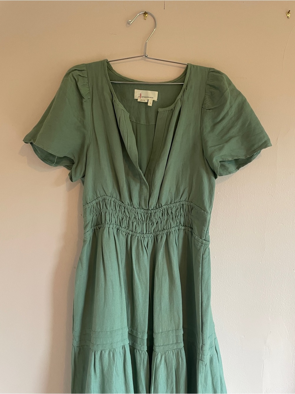 Anthropologie Sage Green Short-Sleeve Smocked-Waist Maxi Dress